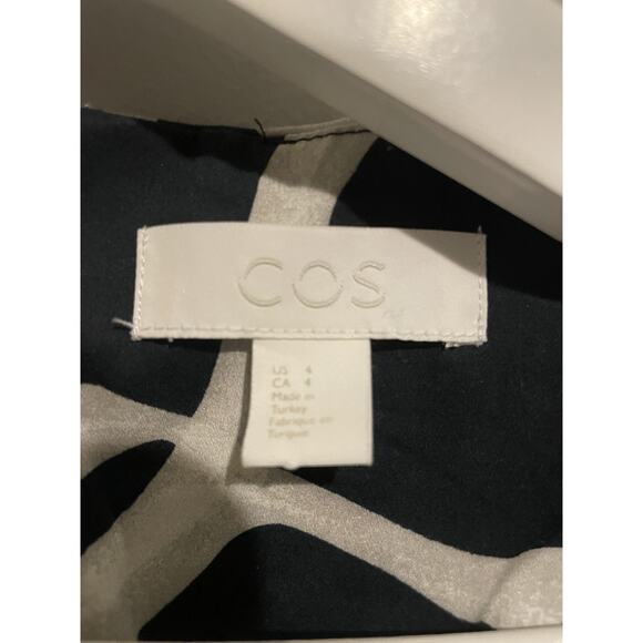 COS Mini Dress Navy Abstract‎ Print Voluminous A-Line Hi Low Long Sleeve US4 - Picture 5 of 9